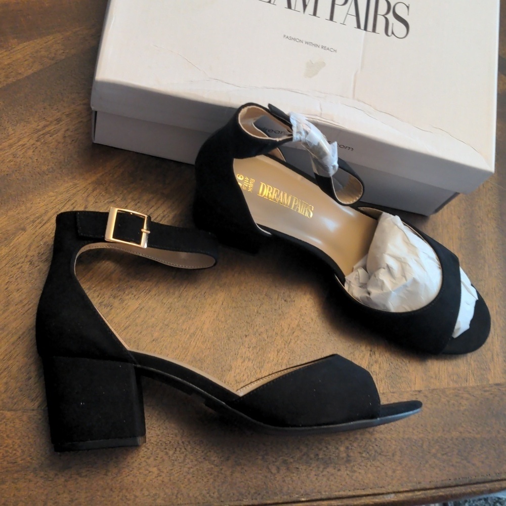Dream Pairs Chunkle Black Suede Low Wedge Ankle Strap Sandals Women’s 9.5 - Picture 4 of 10
